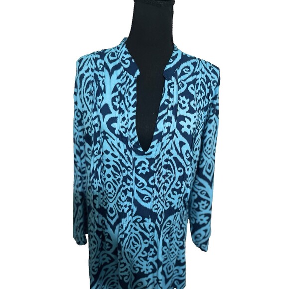 Women's 3/4 Sleeve Open V-Neck Floral Dress (Turquoise & Navy, OS) Midi - Picture 2 of 6